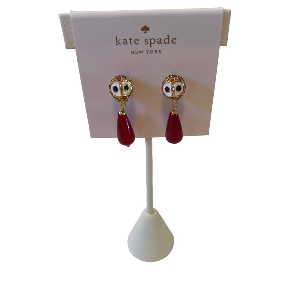 Kate spade owl drop earrings in gold pave crystals and red stone. Gorgeous!